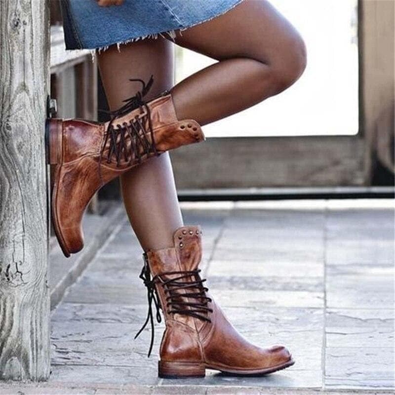 Heather’s Genuine Leather Lace-Up Studded Ankle Boots