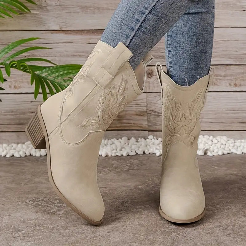 Heather’s Western Embroidered Suede-Look Mid-Calf Boots