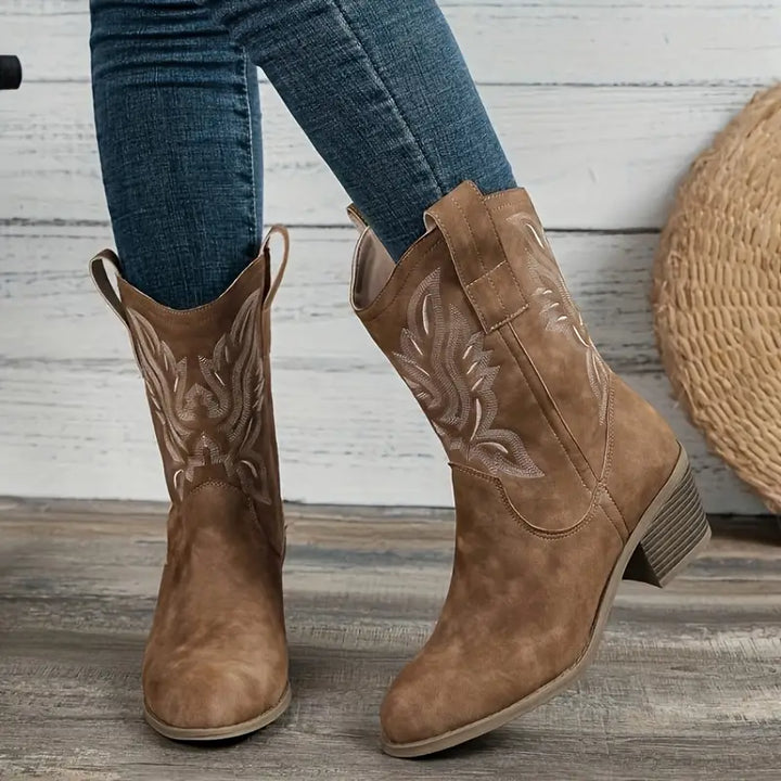 Heather’s Western Embroidered Suede-Look Mid-Calf Boots