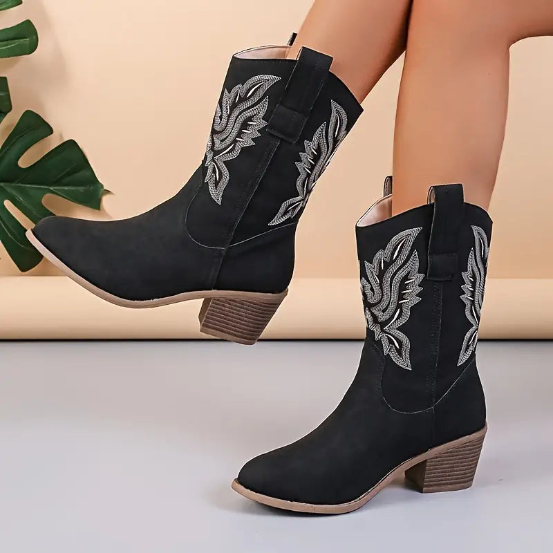 Heather’s Western Embroidered Suede-Look Mid-Calf Boots
